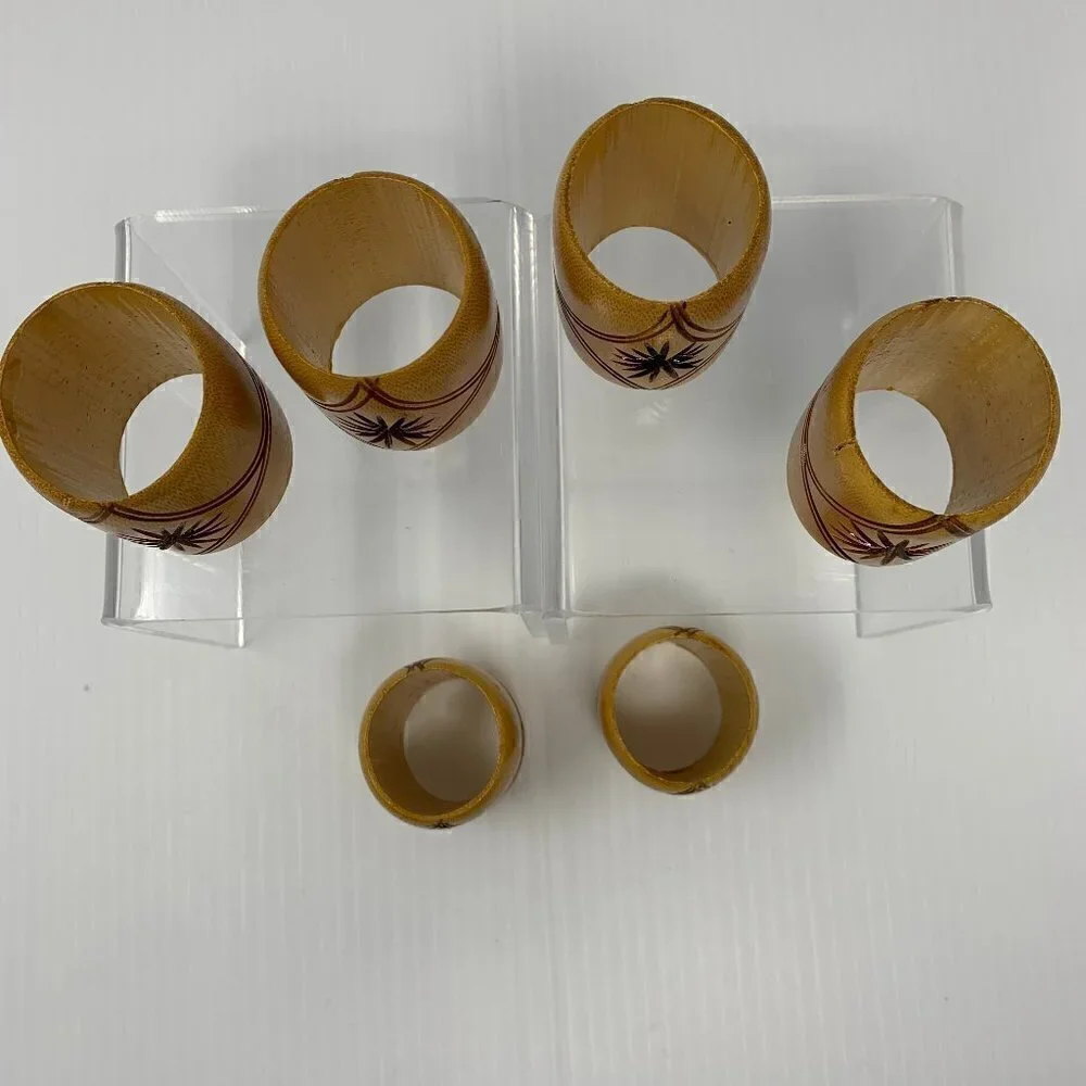 Bamboo Napkin Rings Etched Star Set of Six Vintage Wood Tableware Serving